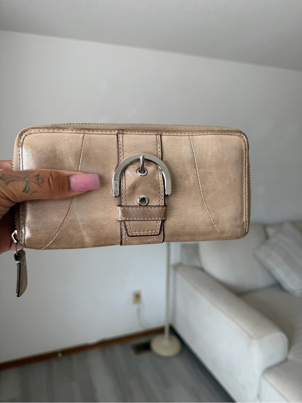 Vintage Coach Metallic Tan Zip-Around Wallet with Silver Buckle